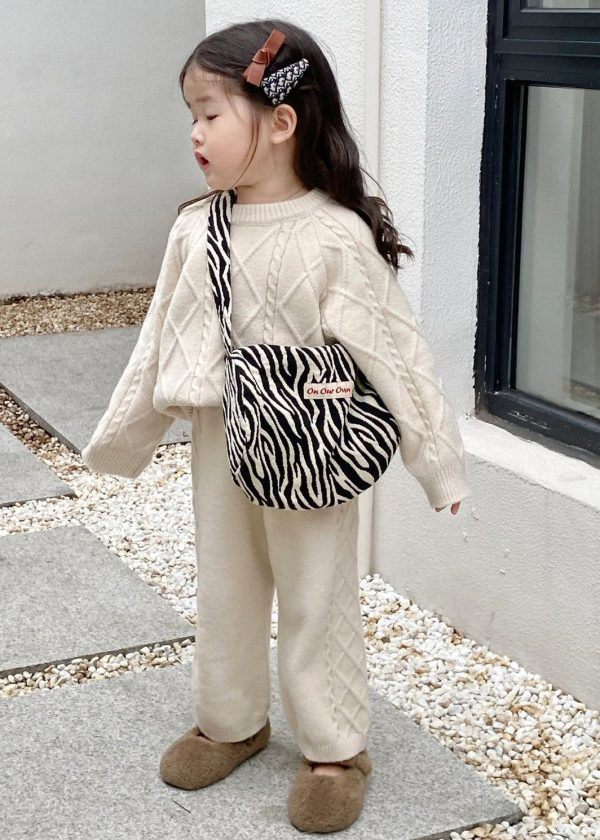Simple Beige O-Neck Kids Knitted Cotton Sweaters And Pants Two Pieces Set Spring - Image 3