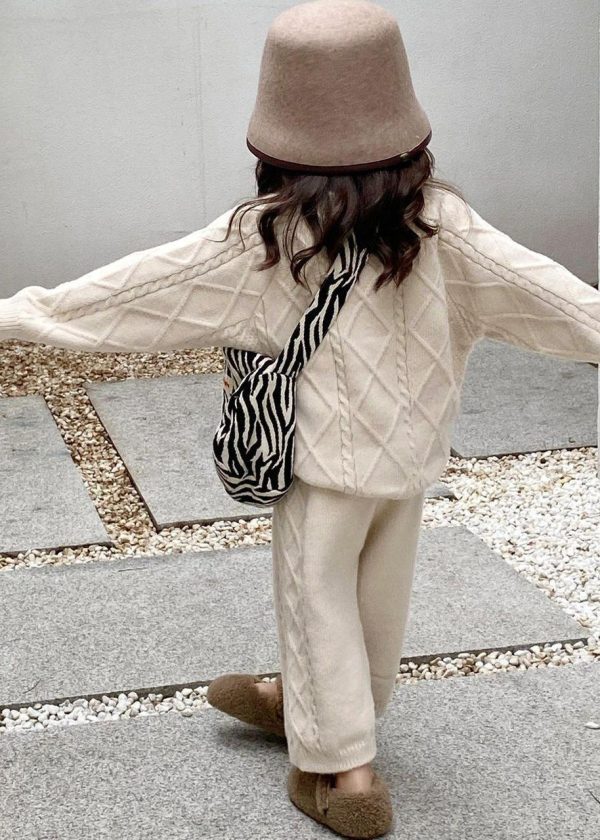 Simple Beige O-Neck Kids Knitted Cotton Sweaters And Pants Two Pieces Set Spring - Image 4