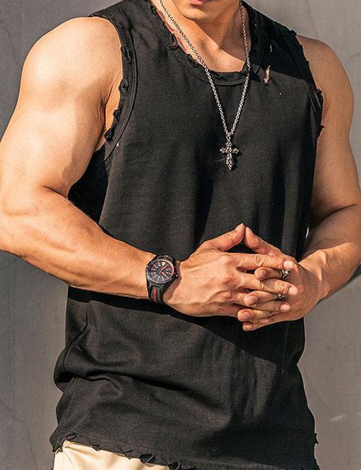 Simple Black Hole Solid Oversized Cotton Men Tank Summer