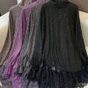 Simple Black Sequins Patchwork Lace Knit Pullover Spring