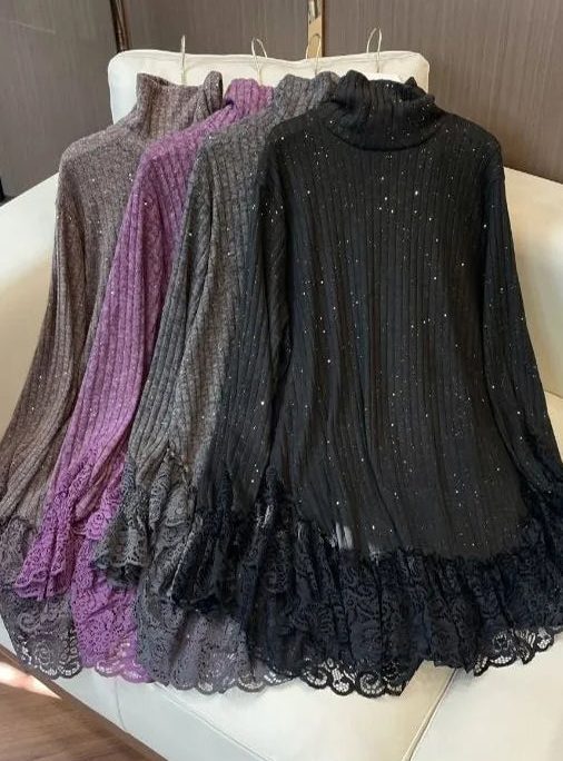 Simple Black Sequins Patchwork Lace Knit Pullover Spring