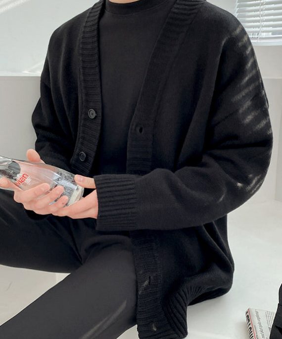 Simple Black V Neck Button Knit Mens Cardigan Spring