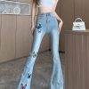 Simple Blue Embroidered Butterfly Denim Bell-bottom Trousers Spring