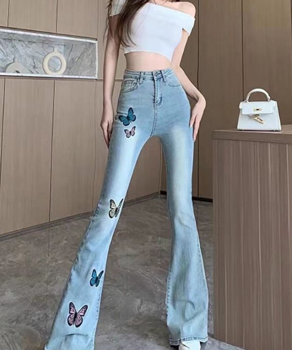 Simple Blue Embroidered Butterfly Denim Bell-bottom Trousers Spring