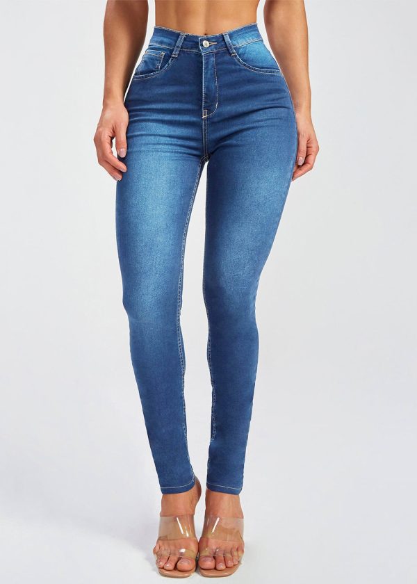 Simple Blue Pockets High Waist Denim Pants Summer - Image 2