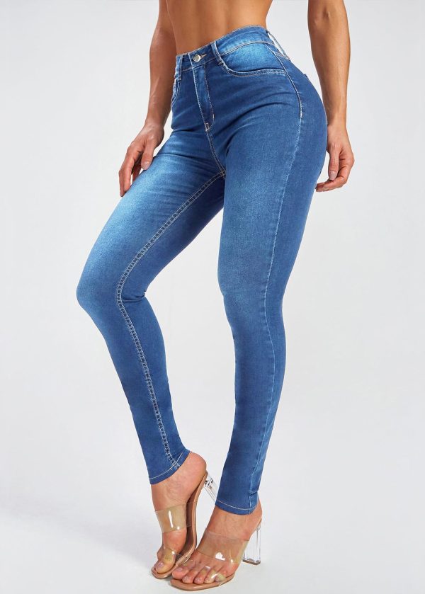 Simple Blue Pockets High Waist Denim Pants Summer - Image 3