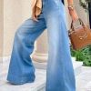 Simple Blue Pockets High Waist Denim Wide Leg Pants Summer