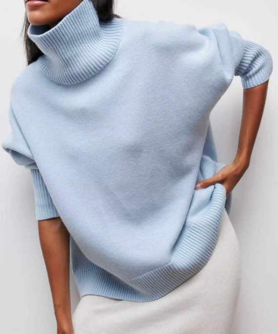 Simple Blue Turtleneck Solid Knit Sweaters Spring