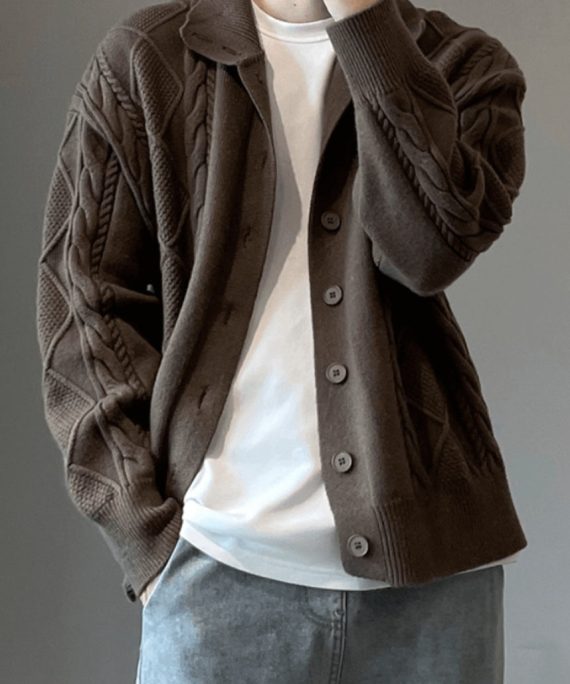 Simple Coffee Button Cozy Cable Knit Mens Cardigan Spring