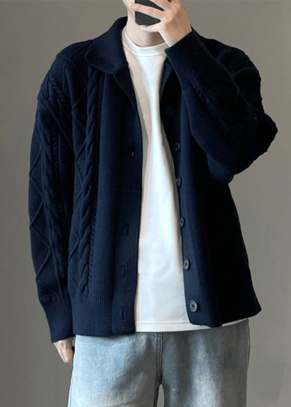 Simple Coffee Button Cozy Cable Knit Mens Cardigan Spring - Image 2