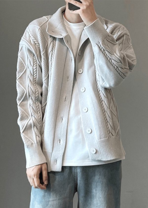 Simple Coffee Button Cozy Cable Knit Mens Cardigan Spring - Image 3