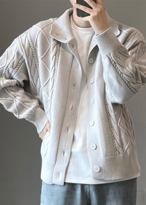 Simple Coffee Button Cozy Cable Knit Mens Cardigan Spring - Image 4