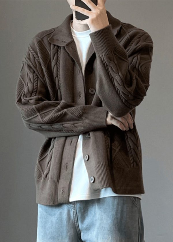 Simple Coffee Button Cozy Cable Knit Mens Cardigan Spring - Image 5