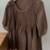Simple Coffee O Neck Wrinkled Linen Shirt Half Sleeve