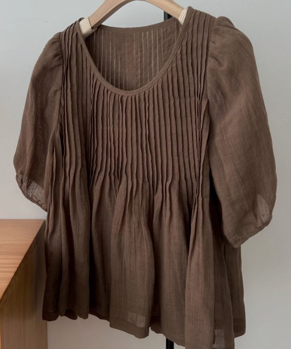 Simple Coffee O Neck Wrinkled Linen Shirt Half Sleeve