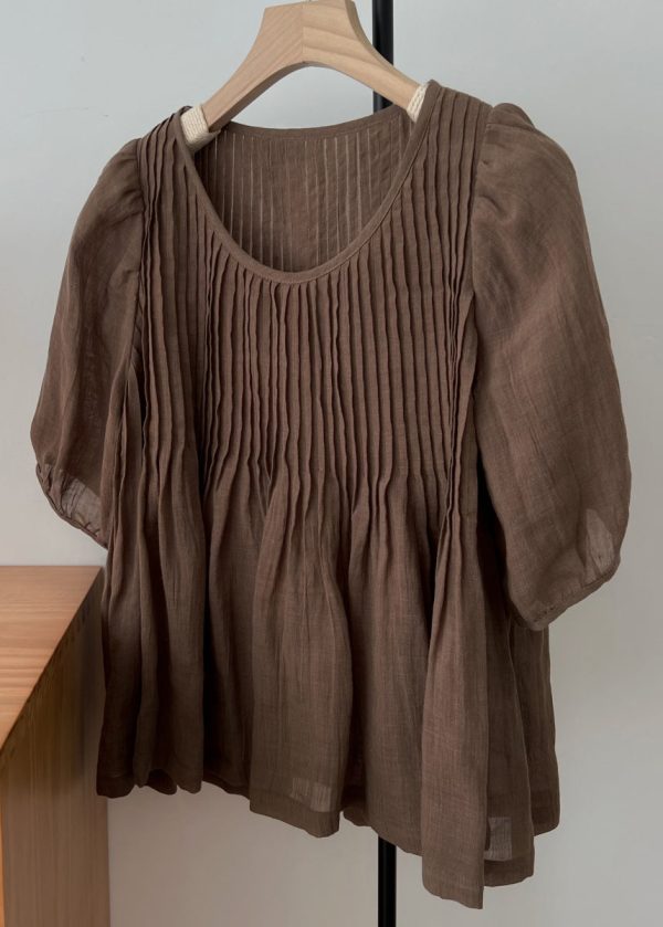 Simple Coffee O Neck Wrinkled Linen Shirt Half Sleeve
