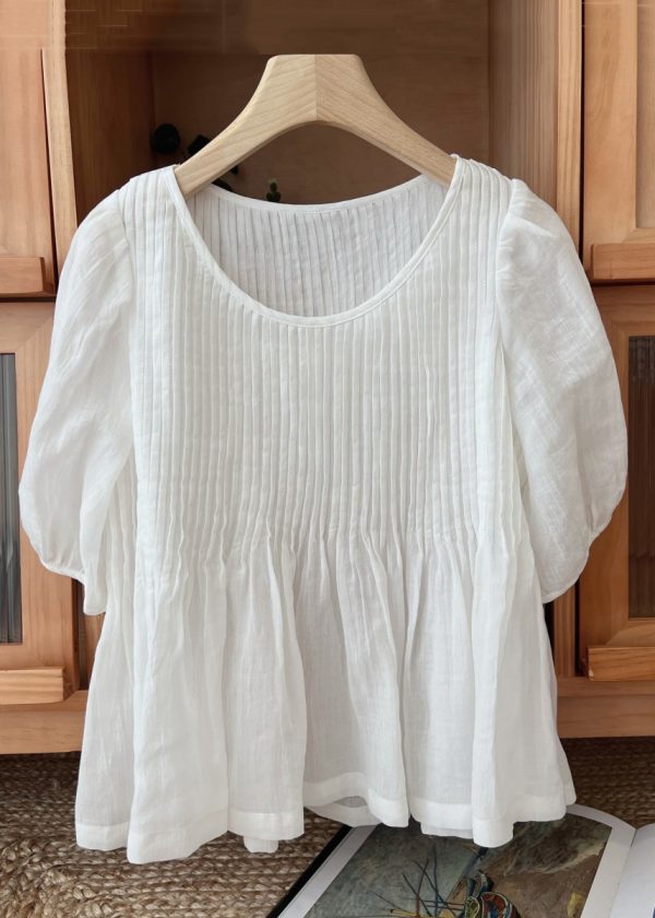 Simple Coffee O Neck Wrinkled Linen Shirt Half Sleeve - Image 2