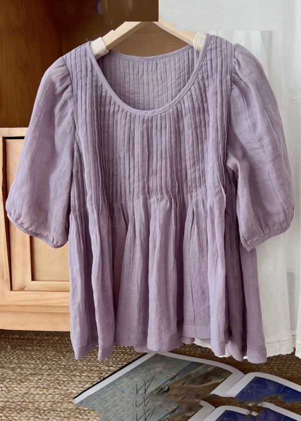 Simple Coffee O Neck Wrinkled Linen Shirt Half Sleeve - Image 3