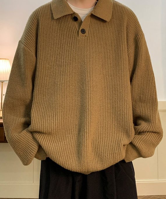 Simple Coffee Peter Pan Collar Button Solid Knit Men Sweaters Fall