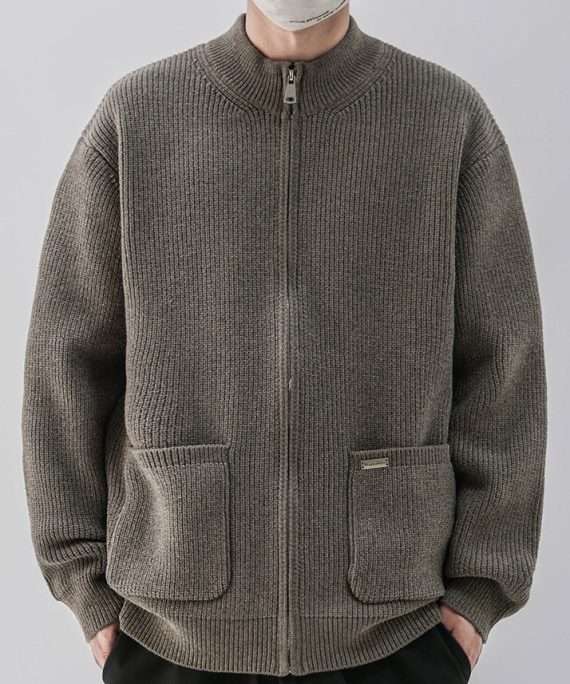 Simple Coffee Zip Up Pockets Knit Mens Coats Spring