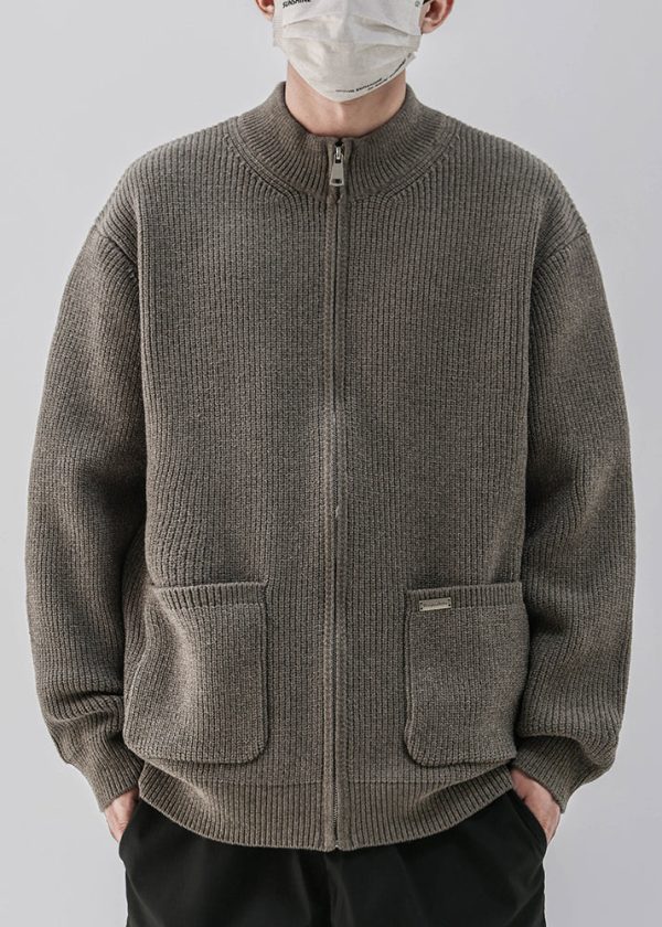 Simple Coffee Zip Up Pockets Knit Mens Coats Spring