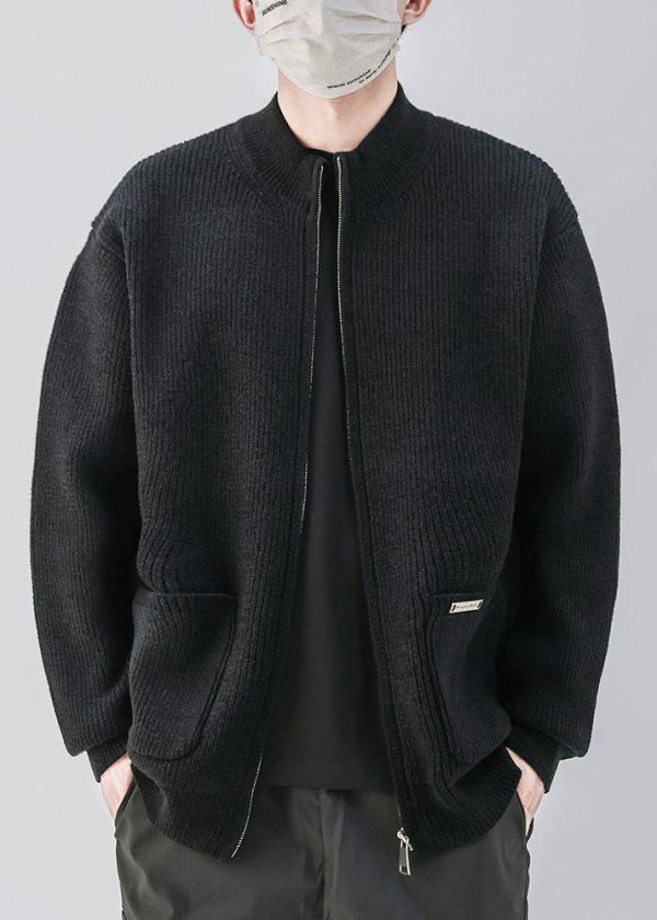 Simple Coffee Zip Up Pockets Knit Mens Coats Spring - Image 2