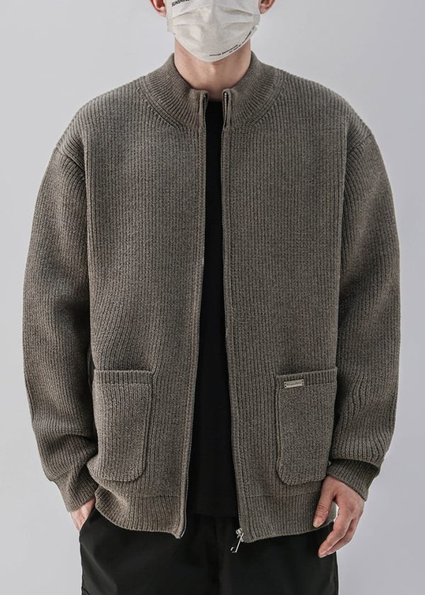 Simple Coffee Zip Up Pockets Knit Mens Coats Spring - Image 3