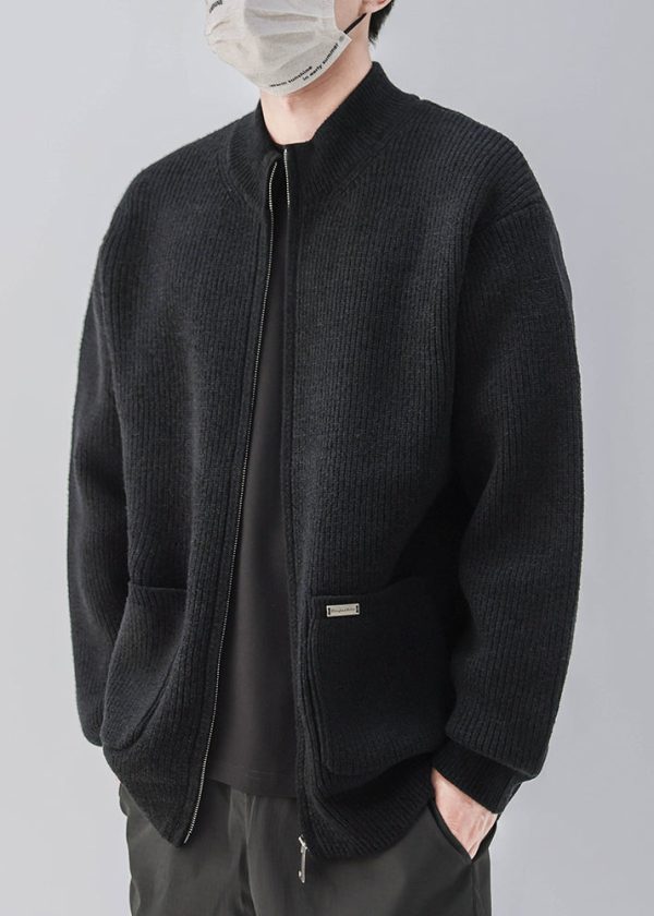 Simple Coffee Zip Up Pockets Knit Mens Coats Spring - Image 4