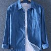 Simple Dark Blue Peter Pan Collar Pockets Solid Denim Men Shirts Spring