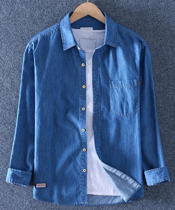 Simple Dark Blue Peter Pan Collar Pockets Solid Denim Men Shirts Spring