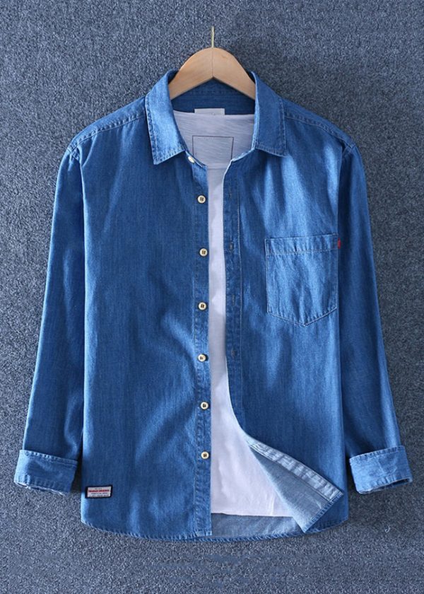 Simple Dark Blue Peter Pan Collar Pockets Solid Denim Men Shirts Spring