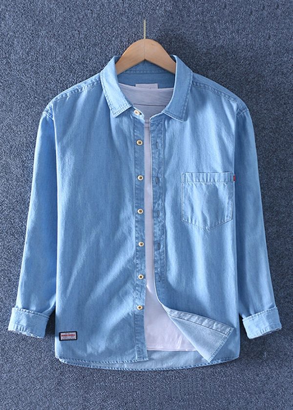 Simple Dark Blue Peter Pan Collar Pockets Solid Denim Men Shirts Spring - Image 2