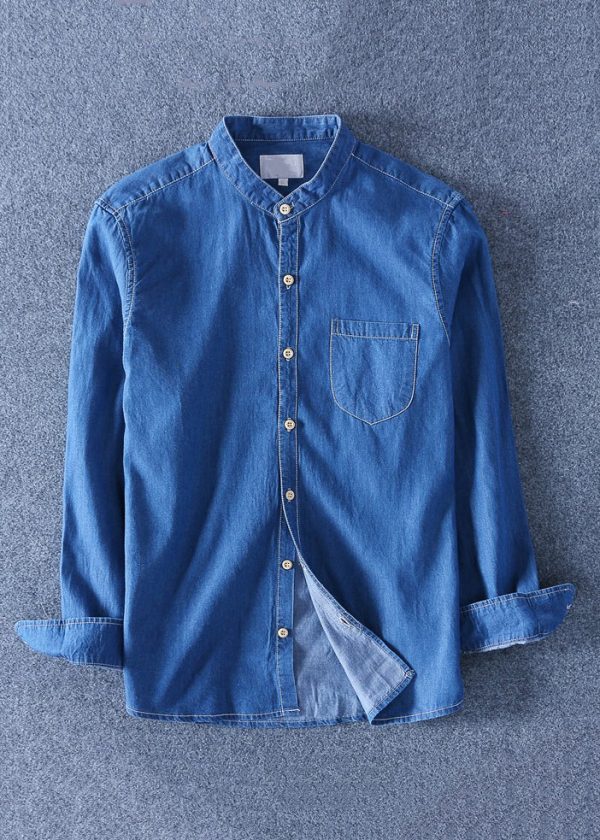 Simple Dark Blue Peter Pan Collar Pockets Solid Denim Men Shirts Spring - Image 3