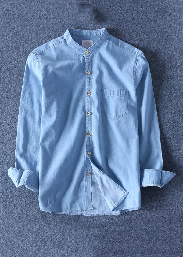 Simple Dark Blue Peter Pan Collar Pockets Solid Denim Men Shirts Spring - Image 4