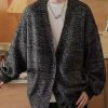 Simple Dark Gray V Neck Pockets Knit Mens Cardigans Spring