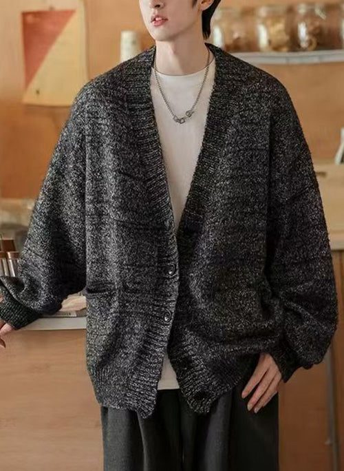 Simple Dark Gray V Neck Pockets Knit Mens Cardigans Spring