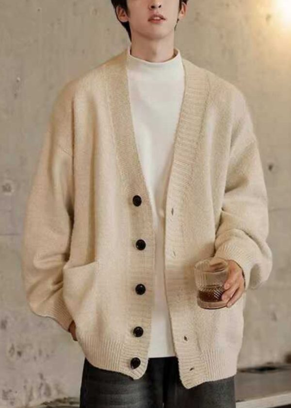 Simple Dark Gray V Neck Pockets Knit Mens Cardigans Spring - Image 2