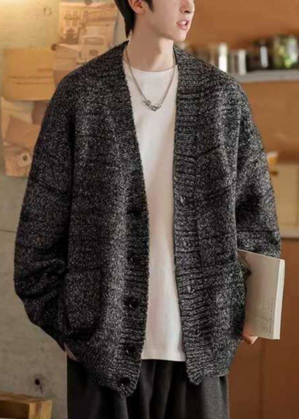Simple Dark Gray V Neck Pockets Knit Mens Cardigans Spring - Image 3