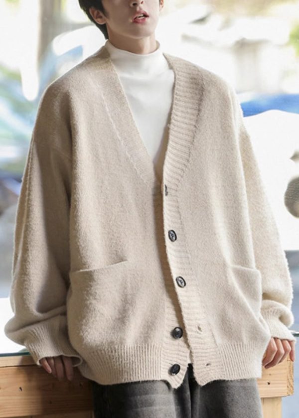 Simple Dark Gray V Neck Pockets Knit Mens Cardigans Spring - Image 4