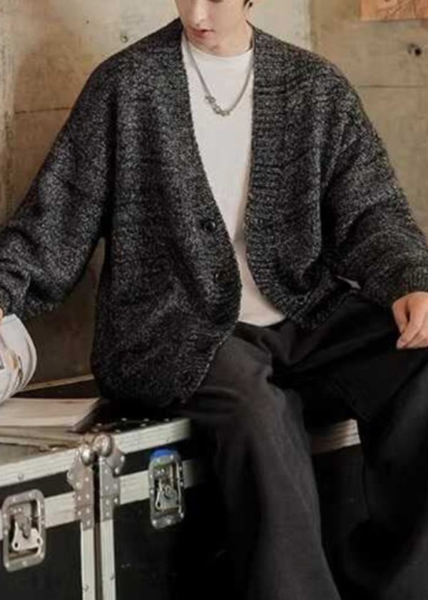 Simple Dark Gray V Neck Pockets Knit Mens Cardigans Spring - Image 5