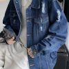 Simple Denim Blue Hole Pockets Solid Men Coat Fall