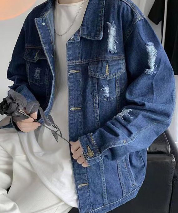 Simple Denim Blue Hole Pockets Solid Men Coat Fall