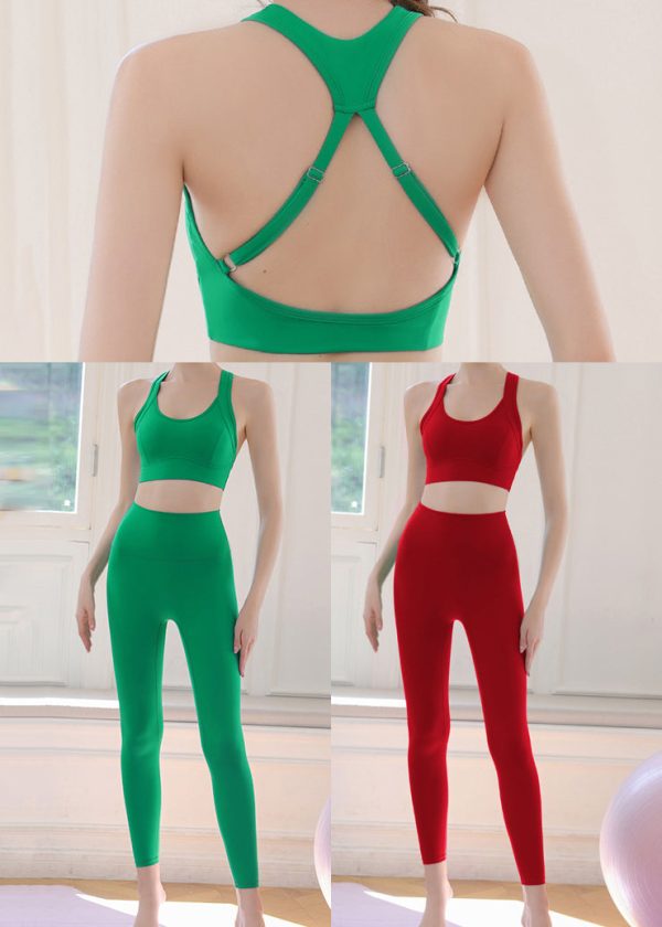 Simple Grass Green High Waist Sports Bra And Leggings Set Suit Gym Shark Leggings - Image 5