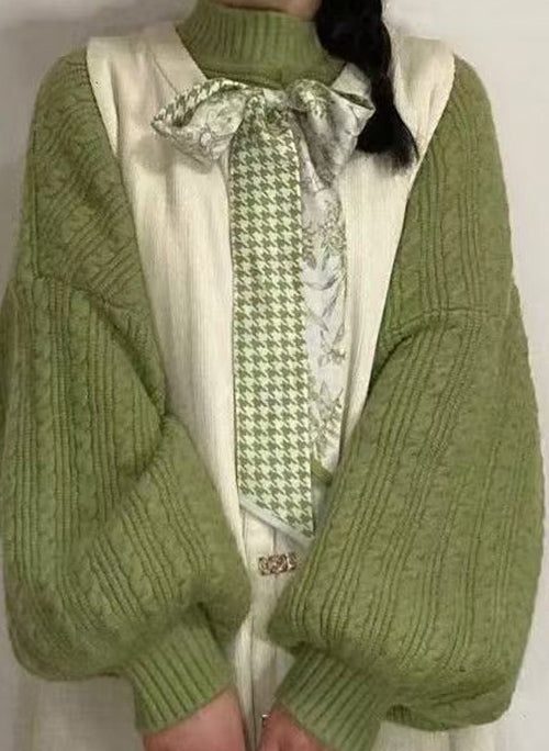 Simple Green Turtleneck Solid Cable Knit Sweaters Lantern Sleeve