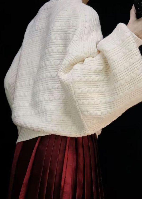 Simple Green Turtleneck Solid Cable Knit Sweaters Lantern Sleeve - Image 4