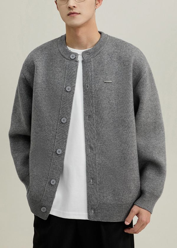 Simple Grey O Neck Button Solid Knit Mens Coats Spring - Image 4