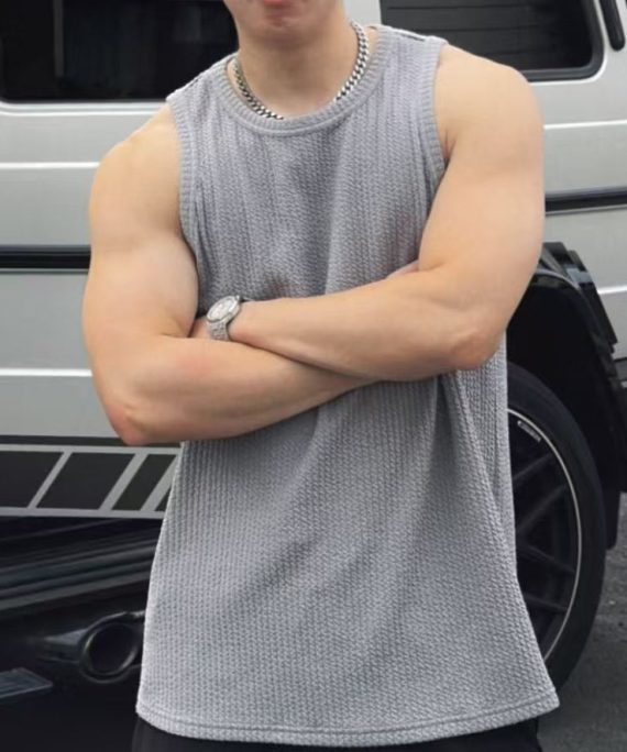 Simple Grey O Neck Solid Cotton Men Tank Sleeveless