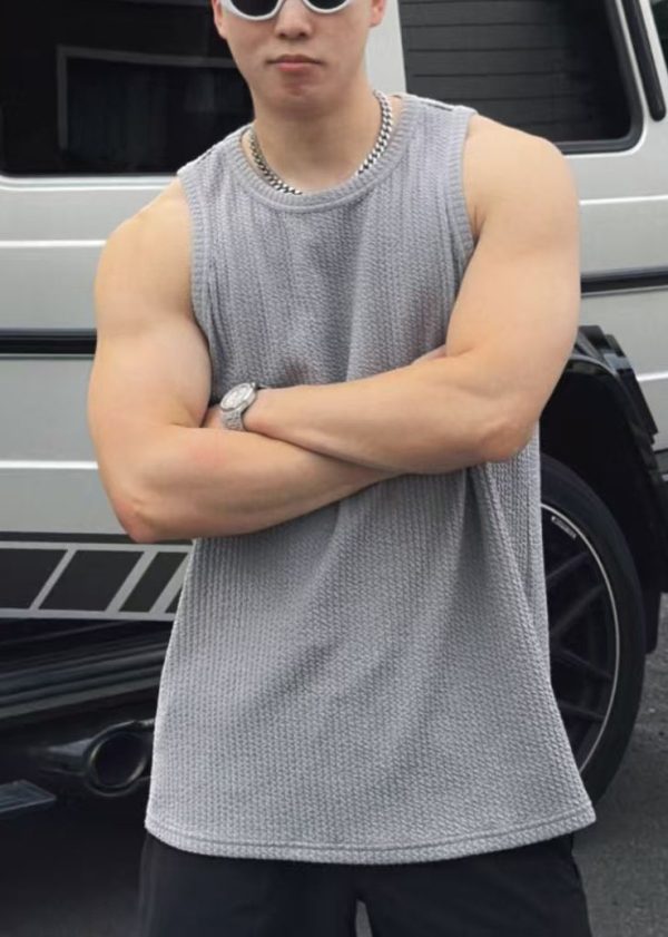 Simple Grey O Neck Solid Cotton Men Tank Sleeveless