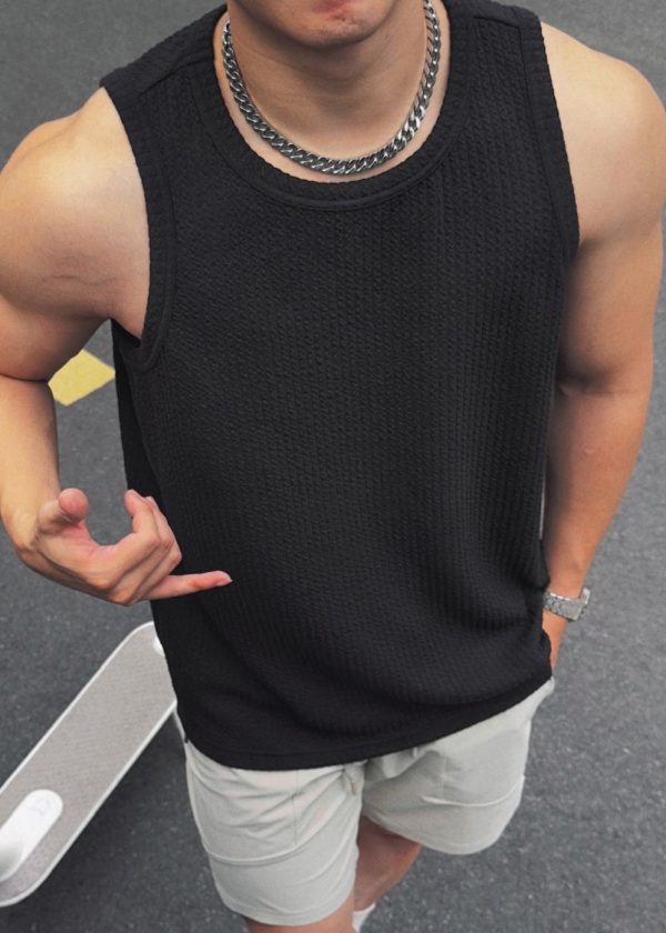 Simple Grey O Neck Solid Cotton Men Tank Sleeveless - Image 2
