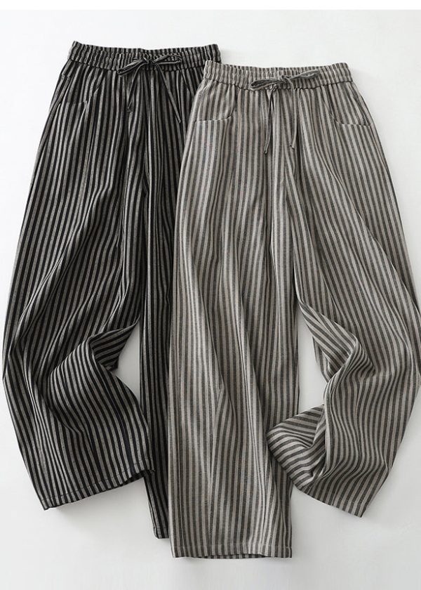 Simple Grey Oversized Striped Linen Pants Spring - Image 3